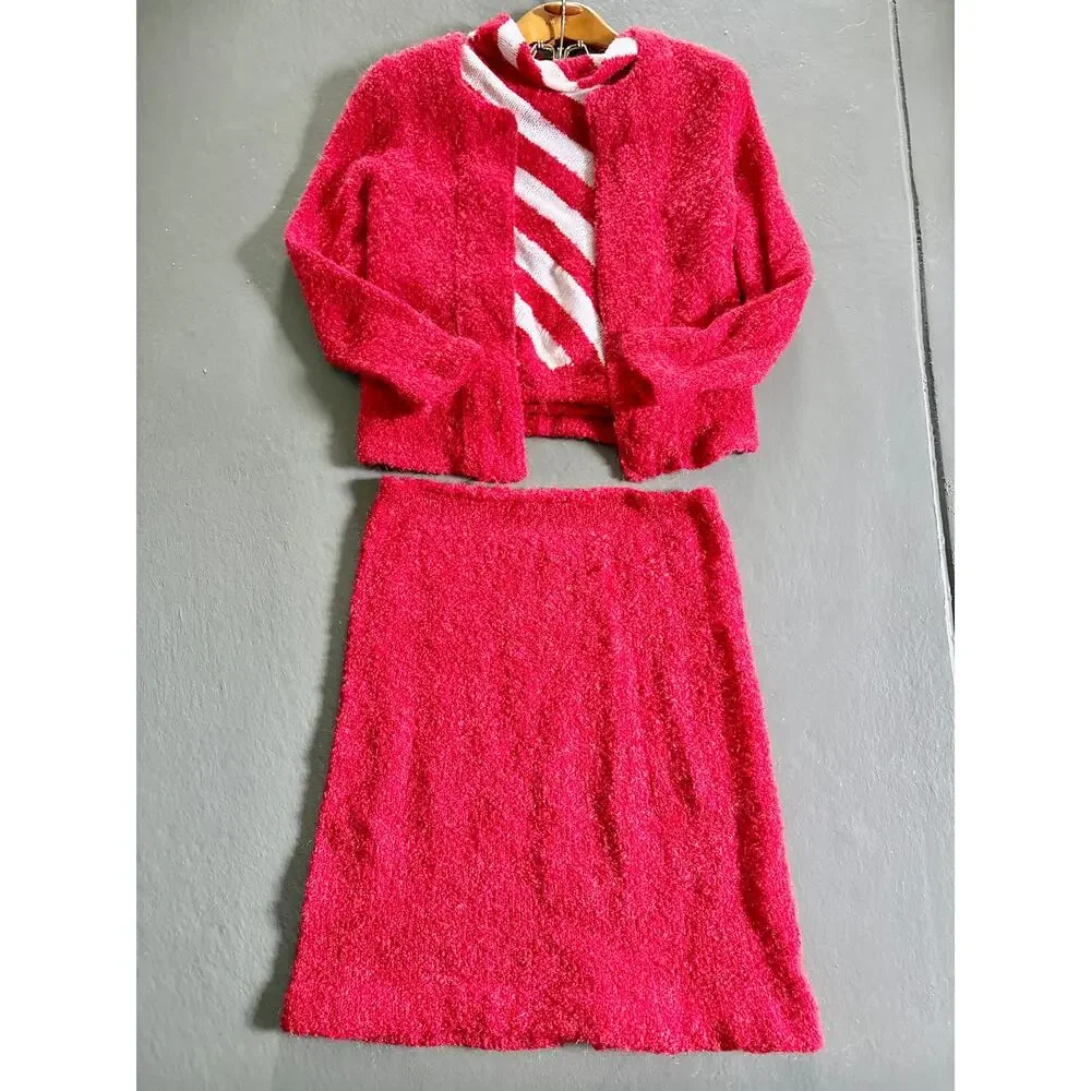 Y2K Cherry Red Fuzzy Knit 3 Piece Set Holiday Party Perfect Size S/M